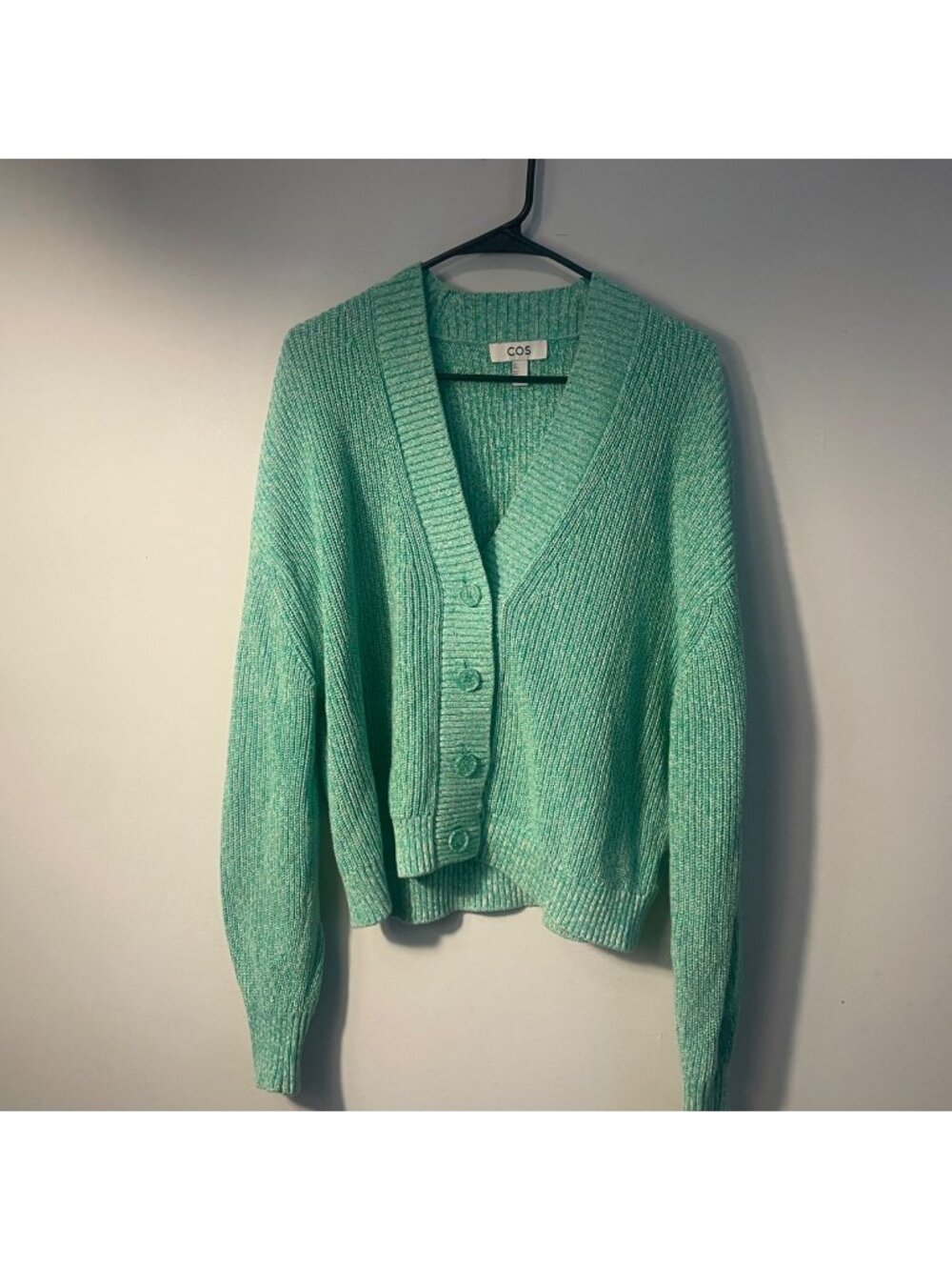cos green and white marled knit cardigan